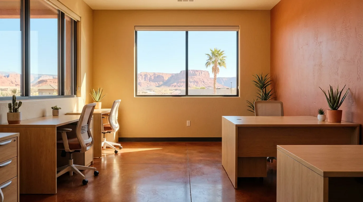 Morning office in St. George with warm sandstone walls and distant red rock mesas through the window