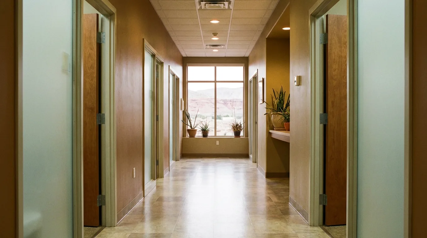 Dental office hallway in St. George with a polished sealed vinyl tile floor