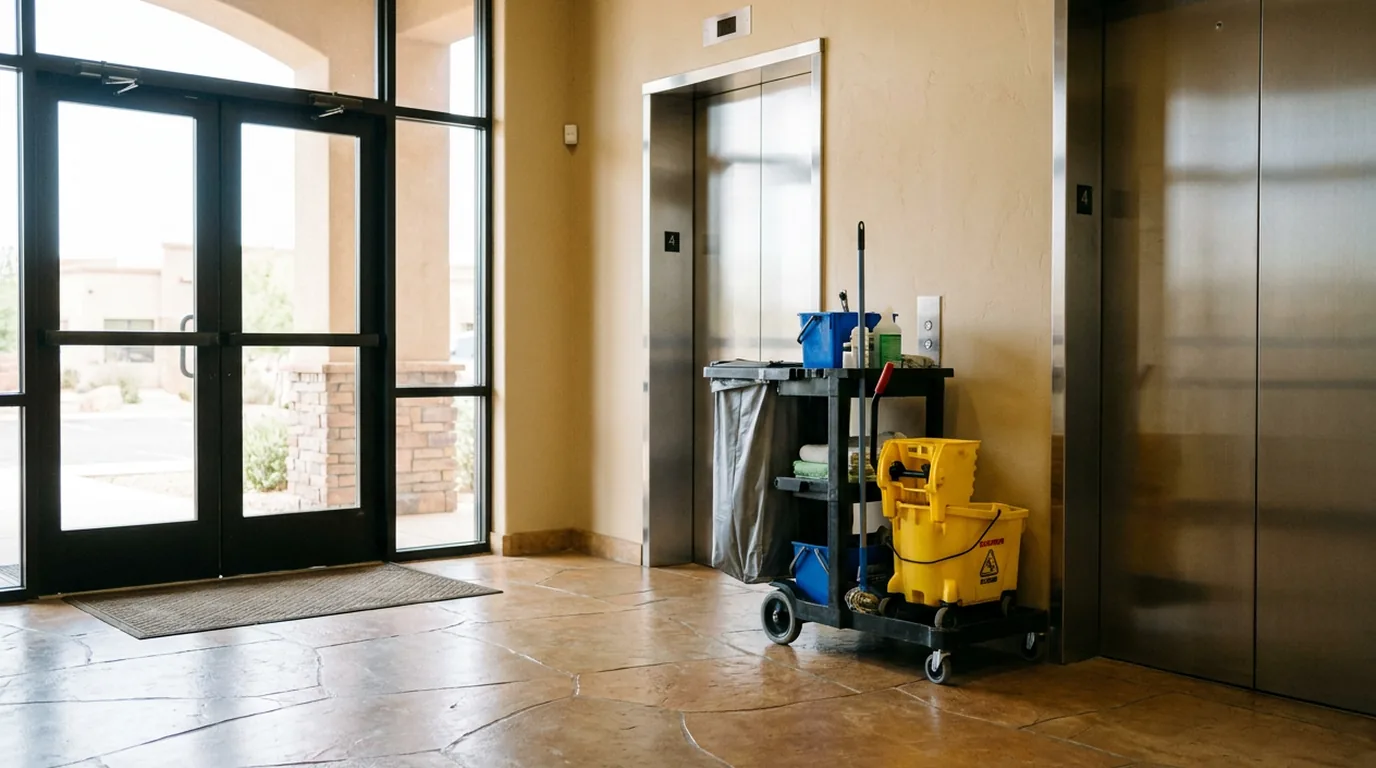 Daytime St. George office lobby with a stocked janitorial cart by the elevators