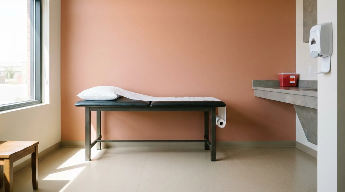 Outpatient medical exam room in St. George with fresh table paper and a sealed vinyl floor
