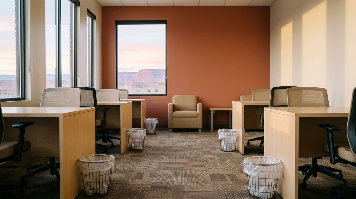 St. George office after the nightly clean with wiped desks and vacuumed carpet tiles at dawn