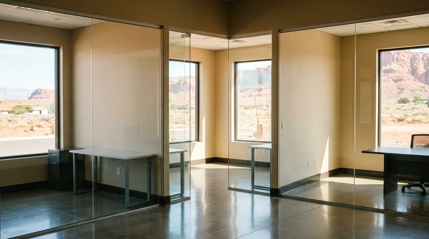 Newly built-out office suite in St. George after post-construction cleaning with a spotless concrete floor
